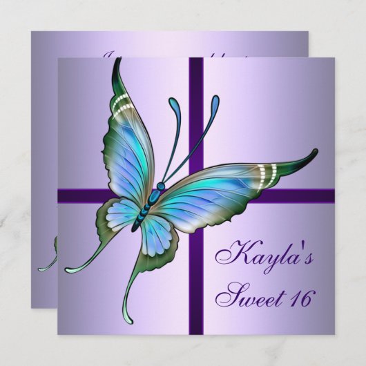 パープルティール（緑がかった色）バタフライスウィート16バースデーパーティー 招待状 (正面/裏面)