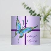 パープルティール(緑がかった色)バタフライスウィート16バースデーパーティー 招待状 (スタンド正面)