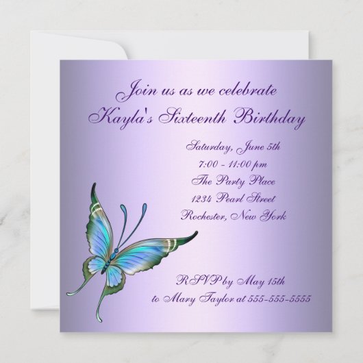 パープルティール（緑がかった色）バタフライスウィート16バースデーパーティー 招待状 (裏面)