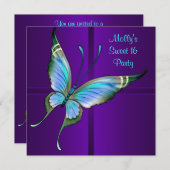 パープルティール（緑がかった色）バタフライスウィート16バースデーパーティー 招待状 (正面/裏面)
