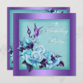 パープルティール（緑がかった色）バラバタフライフローラ誕生日パーティー 招待状 (正面/裏面)