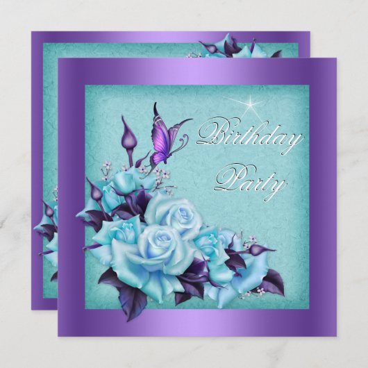 パープルティール（緑がかった色）バラバタフライフローラ誕生日パーティー 招待状 (正面/裏面)