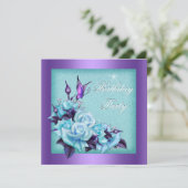 パープルティール（緑がかった色）バラバタフライフローラ誕生日パーティー 招待状 (スタンド正面)