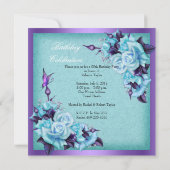 パープルティール（緑がかった色）バラバタフライフローラ誕生日パーティー 招待状 (裏面)