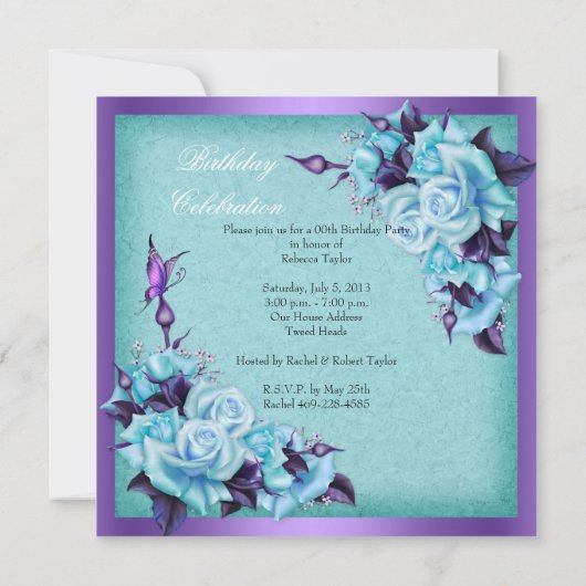 パープルティール（緑がかった色）バラバタフライフローラ誕生日パーティー 招待状 (裏面)