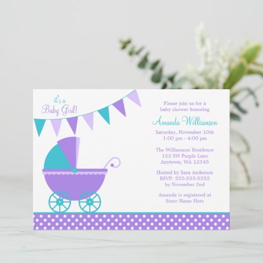 パープルティール(緑がかった色)バンティングキャリッジガールベビーシャワー 招待状 (スタンド正面)