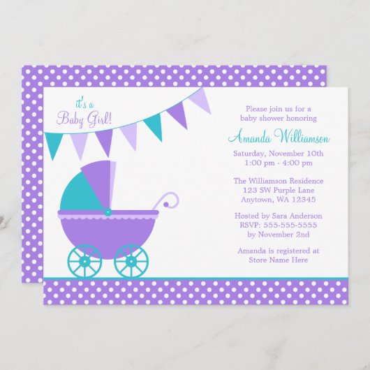 パープルティール（緑がかった色）バンティングキャリッジガールベビーシャワー 招待状 (正面/裏面)