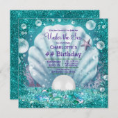 パープルティール(緑がかった色)パールザシーバースデーパーティー 招待状 (正面/裏面)