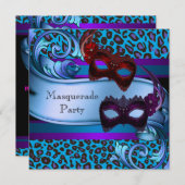 パープルティール(緑がかった色)ヒョウ仮面甘い16マスカレード 招待状 (正面/裏面)