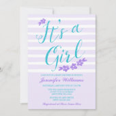 パープルティール（緑がかった色）フラワーストライプベビーシャワー招待状 招待状 (正面)