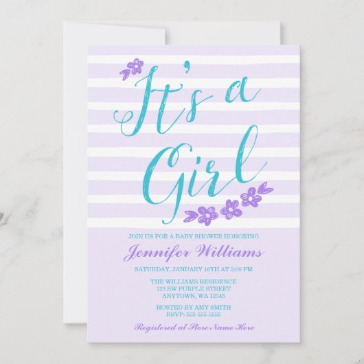 パープルティール(緑がかった色)フラワーストライプベビーシャワー招待状 招待状 (正面)