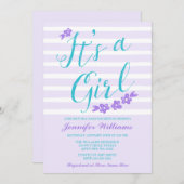 パープルティール（緑がかった色）フラワーストライプベビーシャワー招待状 招待状 (正面/裏面)