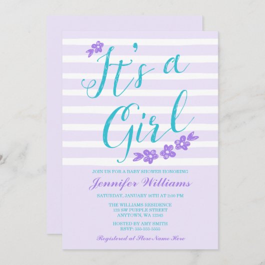 パープルティール（緑がかった色）フラワーストライプベビーシャワー招待状 招待状 (正面/裏面)