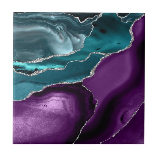 パープルティール（緑がかった色）ブルーアガテシルバーグリッター タイル (正面)