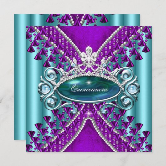 パープルティール（緑がかった色）ブルーキンセアニェラ15thバースデーパーティー 招待状 (正面/裏面)