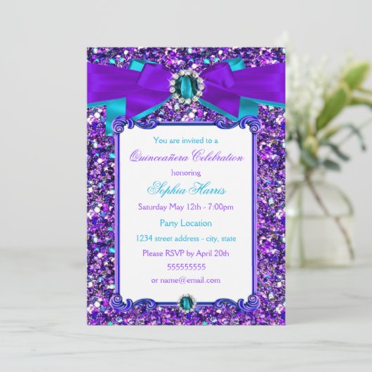 パープルティール（緑がかった色）ブルーグリッタージュエルボウキンセアニェラ 招待状 (スタンド正面)