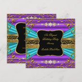 パープルティール(緑がかった色)ブルーダマスクブラック金ゴールドバースデーパーティー 招待状 (正面/裏面)