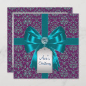 パープルティール(緑がかった色)ブルーダマスクベビーバプテスマ《キリスト教》洗礼式や命名式 招待状 (正面/裏面)