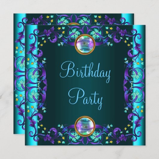 パープルティール(緑がかった色)ブルーバースデーパーティー 招待状 (正面/裏面)