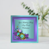 パープルティール(緑がかった色)ブルーフローラエレガントパーティー 招待状 (スタンド正面)