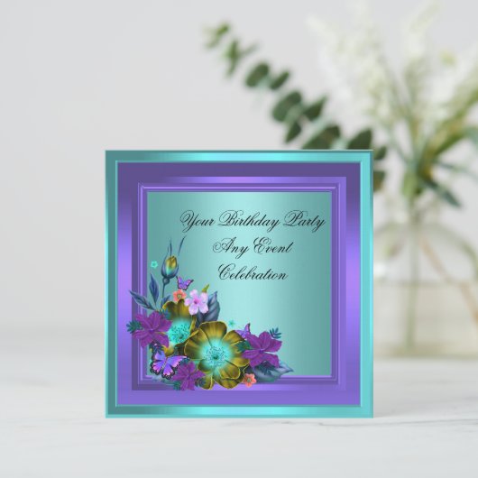 パープルティール（緑がかった色）ブルーフローラエレガントパーティー 招待状 (スタンド正面)