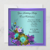 パープルティール(緑がかった色)ブルーフローラエレガントパーティー 招待状 (裏面)