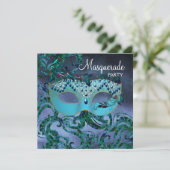 パープルティール（緑がかった色）ブルーマスカレードパーティの招待状 招待状 (スタンド正面)