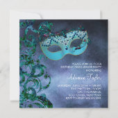 パープルティール（緑がかった色）ブルーマスカレードパーティの招待状 招待状 (裏面)