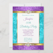 パープルティール(緑がかった色)ブルー金ゴールドダイヤモンドバースデーパーティー 招待状 (正面)