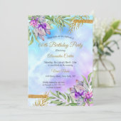 パープルティール（緑がかった色）ブルー金ゴールドフローラ誕生日パーティー 招待状 (スタンド正面)