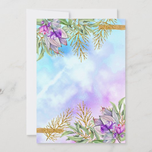 パープルティール(緑がかった色)ブルー金ゴールドフローラ誕生日パーティー 招待状 (裏面)
