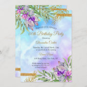 パープルティール(緑がかった色)ブルー金ゴールドフローラ誕生日パーティー 招待状 (正面/裏面)