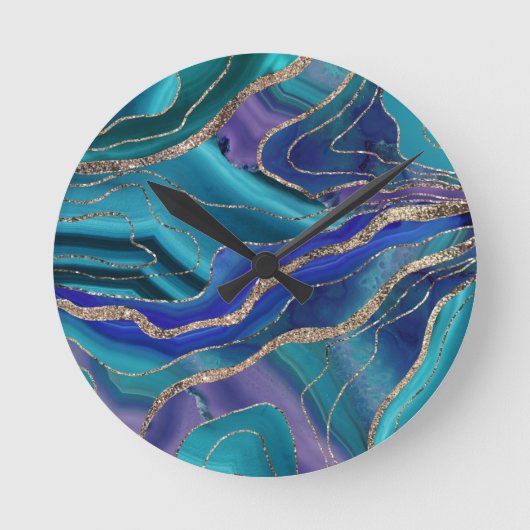 パープルティール(緑がかった色)ブルー銀河系ネブラアゲートグリッター#1 ラウンド壁時計 (正面)