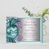 パープルティール（緑がかった色）ブルーSweet sixteenマスカレードパーティー 招待状 (スタンド正面)