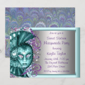 パープルティール（緑がかった色）ブルーSweet sixteenマスカレードパーティー 招待状 (正面/裏面)