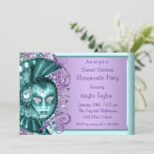 パープルティール（緑がかった色）ブルーSweet sixteenマスカレードパーティー 招待状 (スタンド正面)