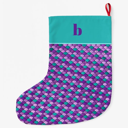 パープルティール(緑がかった色)マーメイドはかりで測モノグラムクリスマス ラージクリスマスストッキング (裏面)
