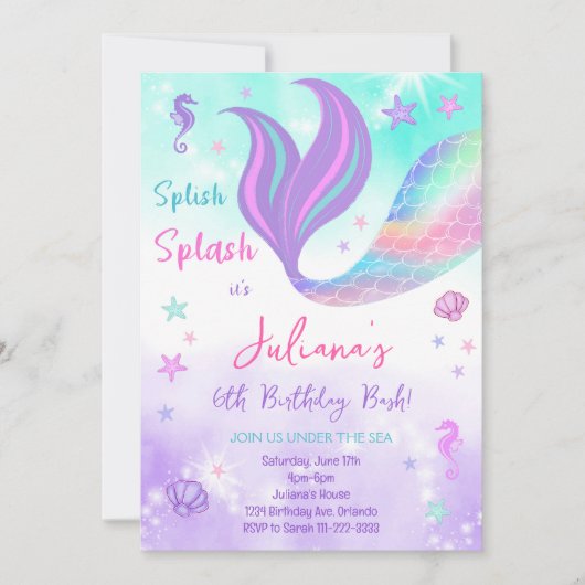 パープルティール（緑がかった色）マーメイドアンダーザシー誕生日招待状 招待状 (正面)