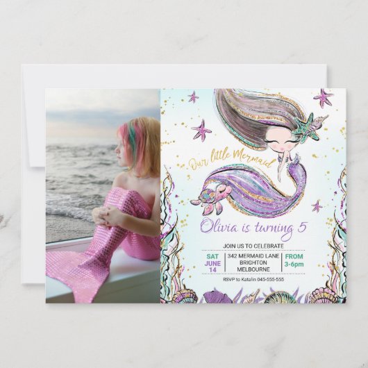 パープルティール(緑がかった色)マーメイドタートルフォト誕生日 招待状 (正面)
