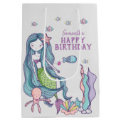 パープルティール(緑がかった色)マーメイドハッピーバースデー パーソナライズされた ミディアムペーパーバッグ (裏面)