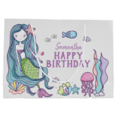 パープルティール（緑がかった色）マーメイドハッピーバースデー パーソナライズされた ラージペーパーバッグ (裏面)