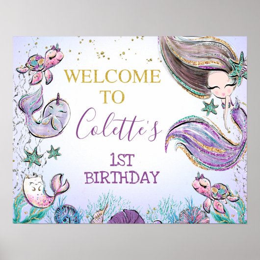 パープルティール(緑がかった色)マーメイド誕生日ウェルカムサイン ポスター (正面)