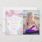 パープルティール（緑がかった色）マーメイド誕生日フォト招待状 招待状 (正面)