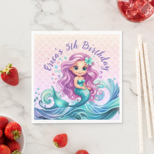 パープルティール(緑がかった色)リトルマーメイドウォーターカラー誕生日 スタンダードランチョンナプキン (インサイチュ)