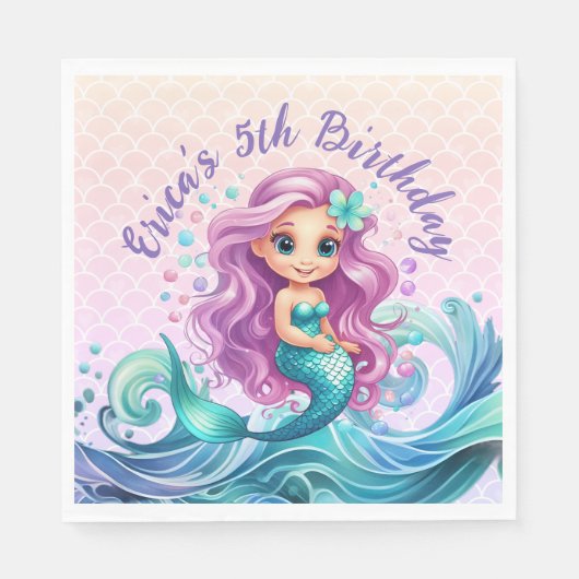 パープルティール（緑がかった色）リトルマーメイドウォーターカラー誕生日 スタンダードランチョンナプキン (正面)