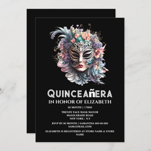 パープルティール（緑がかった色）仮装マスクキンセアニェラ誕生日 招待状 (正面/裏面)