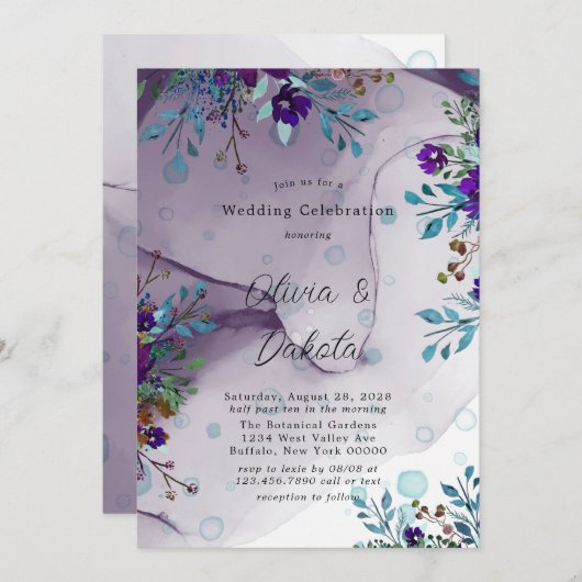 パープルティール(緑がかった色)植物性フローラアルコールイン結婚クス 招待状 (正面/裏面)