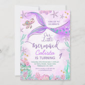 パープルティール（緑がかった色）私たちの小さな人魚の最初の誕生日 招待状 (正面)