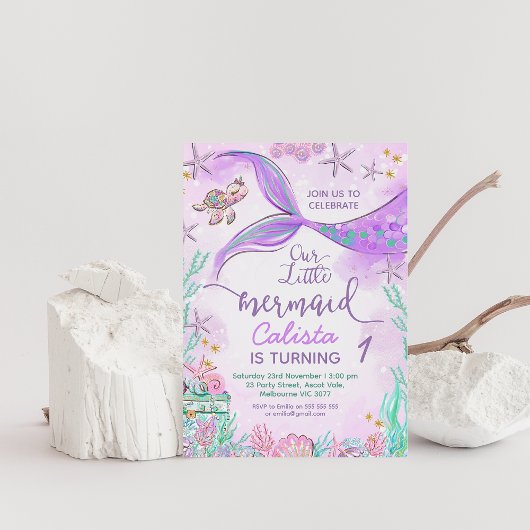 パープルティール（緑がかった色）私たちの小さな人魚の最初の誕生日 招待状