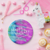 パープルティール(緑がかった色)絞り染めハッピーバースデー名前をカスタムする ペーパープレート (パーティー)